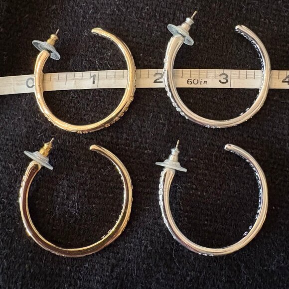 2 PAIRS VINTAGE SWAROVSKI HOOP EARRINGS GOLD & SILVER CLEAR PAVE CRYSTALS - Picture 3 of 13